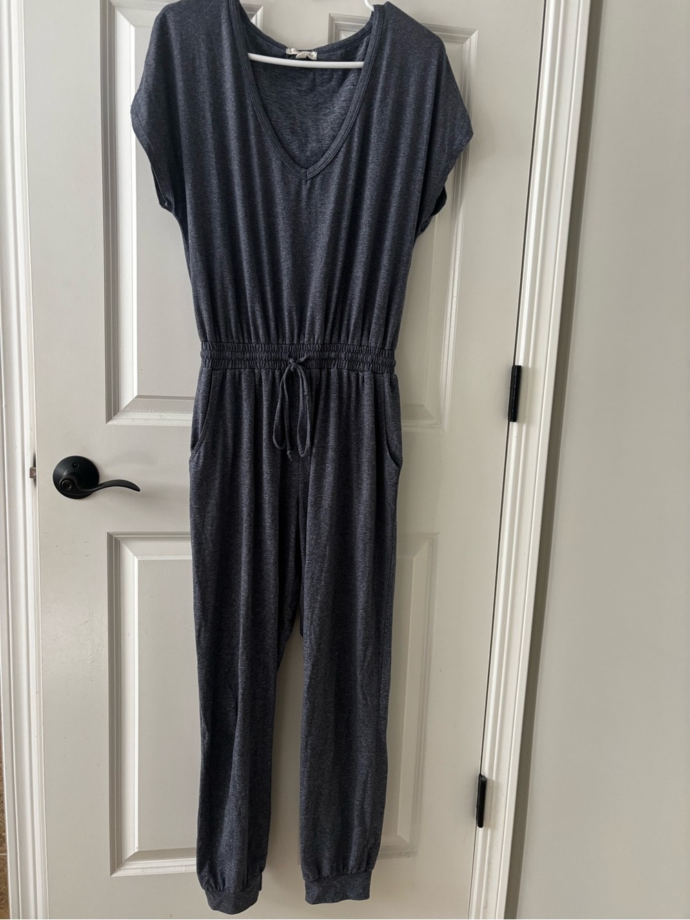 Socialite Light Heather Blue/gray V-Neck Short Sleeve Drawstring Jumpsuit